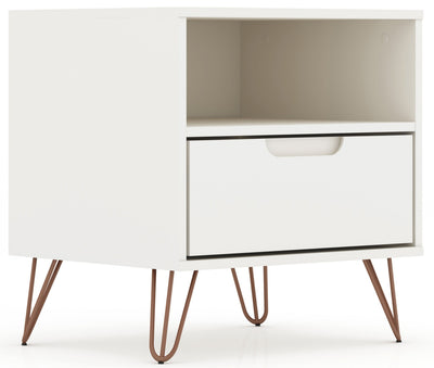 Manhattan Comfort Rockefeller Mid-Century Modern Nightstand with Drawer - White|Table de nuit Rockefeller de Manhattan Comfort de style moderne du milieu du 20e siècle avec tiroir - blanche