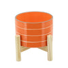 Ceramic 6\" Striped Planter with Wood Stand - Orange