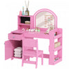 Qaba Kids Vanity Set with Lighted Mirror, Toddler Dressing Table and Chair Set with Cabinet, Drawer and Shelves, Pretend Makeup Playset for Girls 3-8 Years Old, Pink