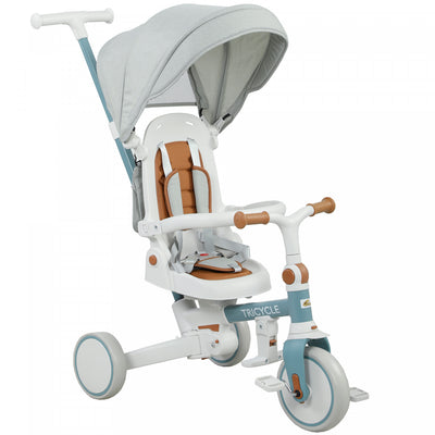 Qaba Toddler Tricycle, 7 In 1 Kids Trike With Adjustable & Removable Parent Handle, Canopy, Safety Harness, Folding Pedal, Storage Bag, Brake, Clutch, For 1-5 Years, Blue