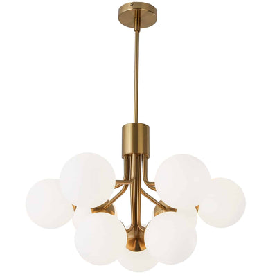 Dainolite Amanda 9 Light Chandelier Aged Brass White Opal Glass Lamp|Lustre Amanda de Dainolite en verre blanc opale, avec fini laiton vieilli et 9 ampoules