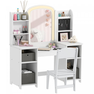 Qaba Kids Vanity Set, Girls Vanity Table and Chair with Lighted Mirror, Cabinet, Fabric Bins, Shelves and Jewellery Hooks, Pretend Makeup Playset for Kids Room, White