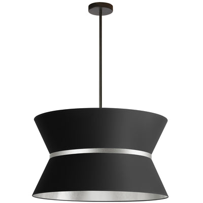 Dainolite Caterine 4 Light Pendant 24" Dia Matte Black Finish Silver Ring/Black Shade Lamp|Luminaire suspendu Caterine de Dainolite de 24 po de diamètre, avec abat-jour noir, anneau argenté, fini noir mat et 4 ampoules