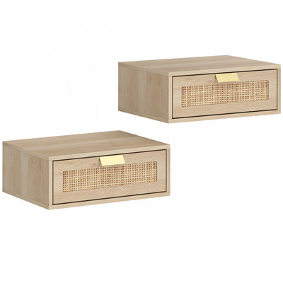 HOMCOM Floating Bedside Tables Set of 2, Boho Nightstands with Drawer, Oak
