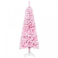 Homcom Snow Flocked Pencil Artificial Christmas Tree With Steel Base Pink