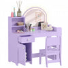 Qaba 2 in 1 Kids Vanity Set with Cabinet Drawer and Shelves, Toddler Dressing Table and Chair Set with Lighted Mirror, Pretend Makeup Playset for Girls 3-8 Years Old, Purple