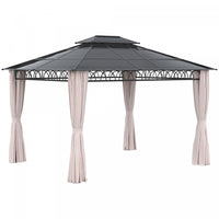 Outsunny 10' X 12' Double roof Hardtop Gazebo With Nettings curtains Khaki