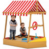 Qaba Kids Sandbox with Cover, 4 Seats, Boat Wooden Sand Pit with Rudder, Deck, Bottom Liner, Outdoor Sand Box for Backyard, Garden, Beach, 52\" x 40\" x 55.5\", for Ages 3-8, Yellow