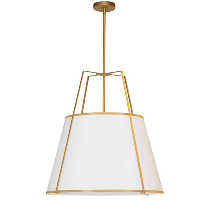 Dainolite Trapezoid 3 Light Pendant Trapezoid Gold/White Shade White Fabric Diffuser Lamp|Luminaire suspendu Trapezoid de Dainolite avec abat-jour trapézoïde doré et blanc qui diffuse la lumière, tissu blanc et 3 ampoules