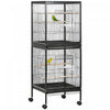 Pawhut 55.1\" 2 In 1 Bird Cage Aviary Parakeet House For Finches, Budgies With Wheels, Slide-out Trays, Wood Perch, Food Containers, Black