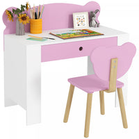 Qaba Kids Desk And Chair Set, Study Table And Chair With Storage Drawer For Drawing, Reading, Writing, Bear Theme Children Activity Table Set For Bedroom, Daycare, Playroom (pink)