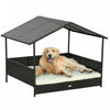 Pawhut Rattan Dog House Outdoor With Shade Canopy, Elevated Wicker Dog Bed With Soft Cushion Washable Cover, For Medium Large Dogs, Cream White