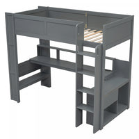 Jackson Twin Solid Wood Loft Bed With Desk, Multi-storage Shelves, Led And Charging Station - Dark Grey