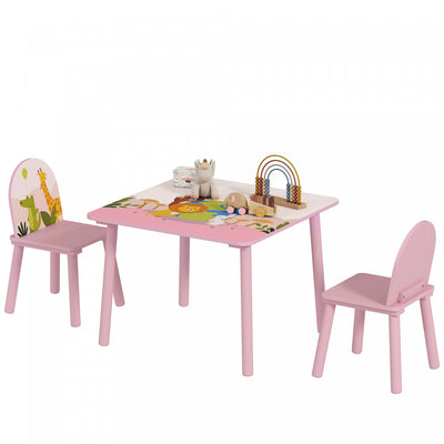 Qaba Kids Table and Chairs Set, Children Table and 2 Chairs Set with Animal Pattern, Kids Activity Furniture for Art, Craft, Reading, Learning, Pink