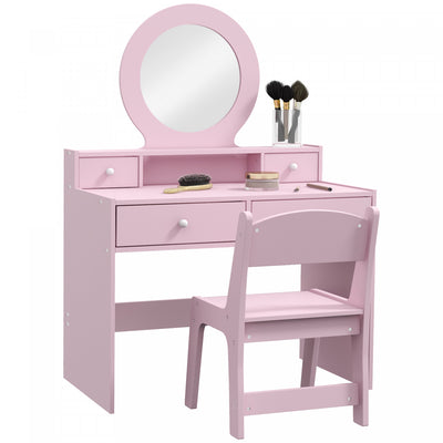 Qaba Kids Vanity Set, Children Dressing Table With Mirror, Kids Makeup Table With Stool And Storage Drawers, For Ages 3-8, Pink
