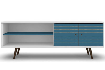 Manhattan Comfort Liberty 62.99" Mid-Century Modern TV Stand with 3 Shelves & 2 Doors - White & Aqua|Meuble pour téléviseur Liberty de Manhattan Comfort de 62,99 po de style moderne du milieu du 20e si