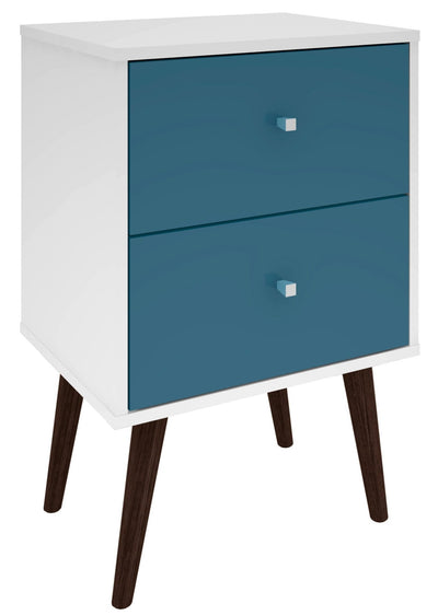 Manhattan Comfort Liberty Mid-Century Modern Nightstand with 2 Full Extension Drawers - White & Aqua Blue|Table de nuit Liberty de Manhattan Comfort de style moderne du milieu du 20e siècle avec 2 tiroirs à extension complète - blanche et bleu turquoise