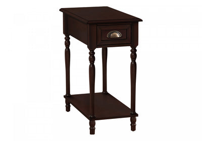 Accent Side End Table 2-Tier Narrow Nightstand Bedroom Storage Drawer Brown Veneer Traditional|Table de bout, d’appoint et de nuit étroite de style traditionnel à 2 niveaux, avec tiroir de rangement et placages bruns pour la chambre à coucher