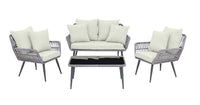 Manhattan Comfort Portofino Rope Wicker 4-Piece Patio Conversation Set with Cushions - Cream
