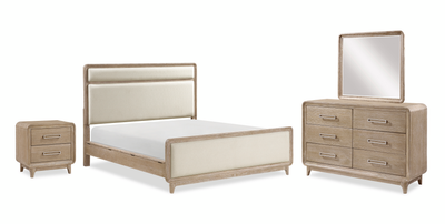 Sasha 6pc Bedroom Set with Fabric Bed, Dresser, Mirror & Nightstand, Natural Oak Brown - Queen Size | Ensemble de chambre à coucher Sasha 6 pièces avec lit en tissu, commode, miroir et table de nuit, brun chêne naturel - format grand lit