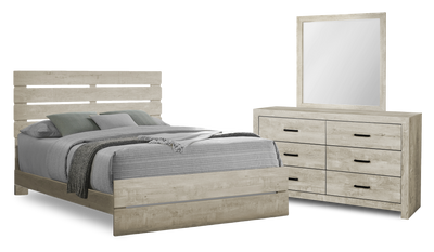 Soren 5pc Bedroom Set with Slat Panel Bed, Dresser & Mirror, Bleached Oak - Queen Size | Ensemble de chambre à coucher Soren 5 pièces avec lit à panneaux à lattes, commode et miroir, chêne blanchi - format grand lit