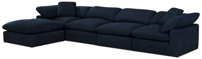 Eclipse Modular 5-Piece Linen-Look Fabric Sectional with Ottoman and Reversible Feather Down Cushions - Navy Blue | Sofa sectionnel modulaire Eclipse 5 pièces en tissu d’apparence lin avec pouf et coussins réversibles en duvet et plumes - bleu marine