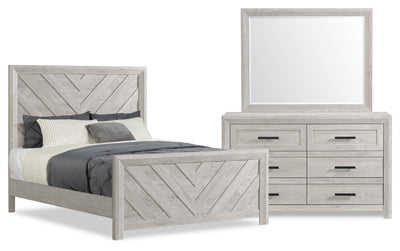 Lark 5pc Bedroom Set with Panel Bed, Dresser & Mirror, Rustic White - Queen Size | Ensemble de chambre à coucher Lark 5 pièces blanc rustique avec lit à panneaux, commode et miroir - format grand lit