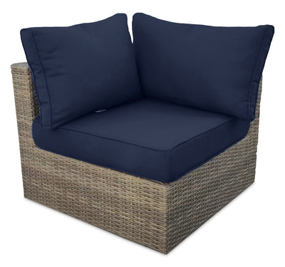 Naples Corner Outdoor Patio Chair - Hand-Woven Resin Wicker, UV & Weather Resistant - Natural/Blue | Fauteuil en coin Naples pour la terrasse à l’extérieur - osier en résine tressé à la main, résistant aux rayons UV et aux intempéries - naturel et bleu