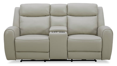 Reign 78" Top-Grain Genuine Leather Power Reclining Loveseat with Console - Deltona Moonshine Taupe | Causeuse à inclinaison électrique Reign de 78 po en cuir véritable de qualité supérieure avec console - taupe clair de lune Deltona