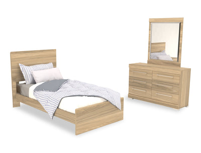Riley 5pc Bedroom Set with Panel Bed, Dresser & Mirror, Made in Canada, Natural - Twin Size | Ensemble de chambre à coucher Riley 5 pièces avec lit à panneaux, commode et miroir, fabriqué au Canada, naturel - format lit simple