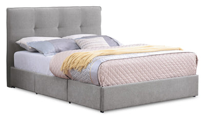 Amos Upholstered Storage Bed in Grey Fabric with Tufted Headboard & 3 Built-in Drawers - Queen Size | Lit de rangement Amos rembourré en tissu gris avec tête de lit capitonnée et 3 tiroirs intégrés - format grand lit