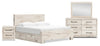 Derekson 6pc Bedroom Set with Side Storage Bed, Dresser, Mirror & Nightstand, Rustic White - King Size