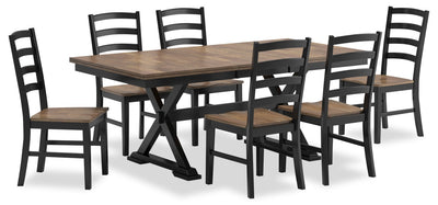 Raven 7pc Dining Package with 60-78"W Extension Table & 6 Chairs - Two-Tone Black & Brown | Ensemble de salle à manger Raven 7 pièces avec table à rallonge, 60 po à 78 po (L) et 6 chaises - deux teintes, noir et brun