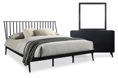Milan 5pc Bedroom Set with Bed, Dresser & Mirror, Mid-Century Modern, Black - King Size | Ensemble de chambre à coucher Milan 5 pièces de style moderne du milieu du 20e siècle avec lit, commode et miroir, noir - format très grand lit