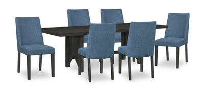 Emery 7pc Dining Set with Table & 6 Chairs, Wood, 72-96"W Extension - Black & Blue | Ensemble de salle à manger Emery 7 pièces en bois avec table, rallonge, 72 po à 96 po (L) et 6 chaises - noir et bleu
