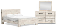 Derekson 5pc Bedroom Set with Panel Bed, Dresser & Mirror, Rustic White - King Size