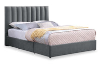 Amos Upholstered Storage Bed in Charcoal Fabric with Channelled Headboard & 3 Built-in Drawers - Queen Size