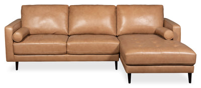 Edge 2-Piece Right-Facing Genuine Leather Sectional with Wood Legs and Removable Back Cushions - Brown | Sofa sectionnel de droite Edge 2 pièces en cuir véritable avec pattes en bois et coussins de dossier amovibles - brun