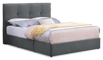 Amos Upholstered Storage Bed in Charcoal Fabric with Tufted Headboard & 3 Built-in Drawers - Full Size | Lit de rangement Amos rembourré en tissu anthracite avec tête de lit capitonnée et 3 tiroirs intégrés - format lit double