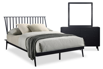 Milan 5pc Bedroom Set with Bed, Dresser & Mirror, Mid-Century Modern, Black - Queen Size | Ensemble de chambre à coucher Milan 5 pièces de style moderne du milieu du 20e siècle avec lit, commode et miroir, noir - format grand lit