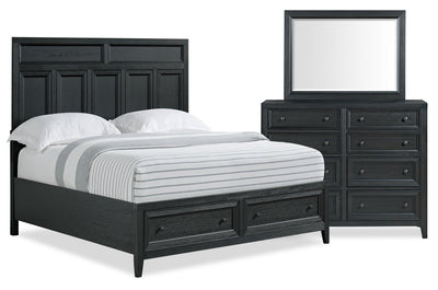 Casa 5pc Bedroom Set with Bed, Dresser & Mirror, Wood, Black - Queen Size | Ensemble de chambre à coucher Casa 5 pièces en bois avec lit, commode et miroir, noir - format grand lit