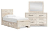 Derekson 5pc Bedroom Set with Side Storage Bed, Dresser & Mirror, Rustic White - Twin Size
