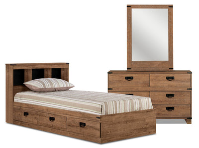 Driftwood Mates Bed 5pc Set with Storage Headboard, Dresser & Mirror, Brown - Twin Size | Ensemble lit matelot Driftwood 5 pièces avec tête de lit de rangement, commode et miroir, brun - format lit simple