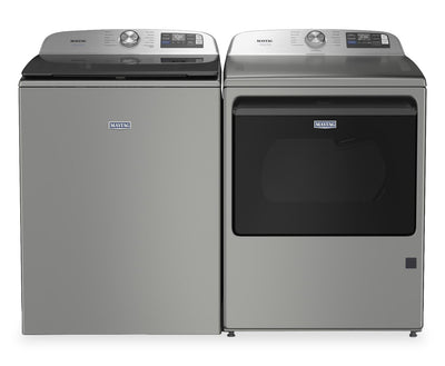 Maytag 6.0 Cu. Ft. Pet Pro Smart Top-Load Washer and 7.4 Cu. Ft. Electric Dryer – Radiant Silver | Laveuse intelligente à chargement par le haut de 6,0 pi³ et sécheuse électrique de 7,4 pi³ Animal Pet Pro de Maytag - argenté radieux
