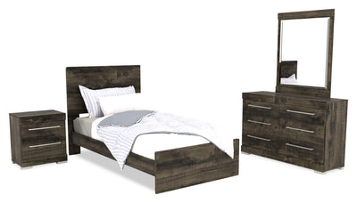 Riley 6pc Bedroom Set with Panel Bed, Dresser, Mirror & Nightstand, Made in Canada, Grey - Twin Size | Ensemble de chambre à coucher Riley 6 pièces avec lit à panneaux, commode, miroir et table de nuit, fabriqué au Canada, gris - format lit simple