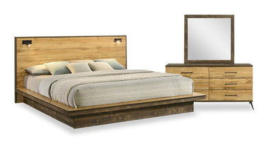 Silas 5pc Bedroom Set with Platform Bed, Dresser & Mirror, LED, Rustic Brown - King Size | Ensemble de chambre à coucher Silas 5 pièces brun rustique avec lit plateforme, commode, miroir et éclairage à DEL - format très grand lit