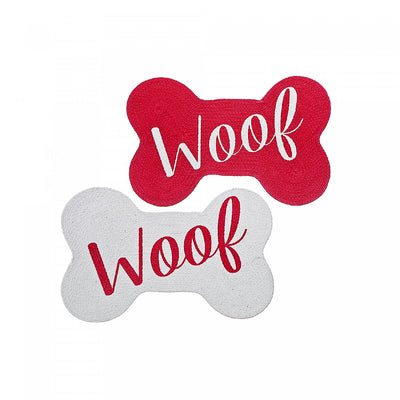 Braided Cotton Bone Shape Pet Mat Woof - Set of 2 Floormat|Tapis de plancher pour animaux « Woof » en forme d’os en coton tressé - ensemble de 2 tapis de plancher