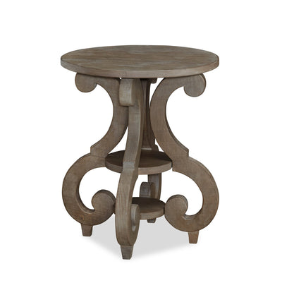 Tinley Park 22" Traditional Round End Table with Shelf - Grey-Brown Pine with Scroll Design Base|Table de bout ronde traditionnelle Tinley Park de 22 po avec tablette - pin gris-brun avec base à volutes
