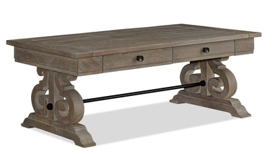 Tinley Park 50" Traditional Coffee Table with Storage and Shelf - Grey-Brown Pine with Scroll Design Base|Table à café traditionnelle Tinley Park de 50 po avec rangement et tablette - pin gris-brun avec base à volutes