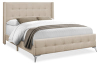 Zara Upholstered Bed in Beige Linen-Look Fabric - Button Tufted - Queen Size